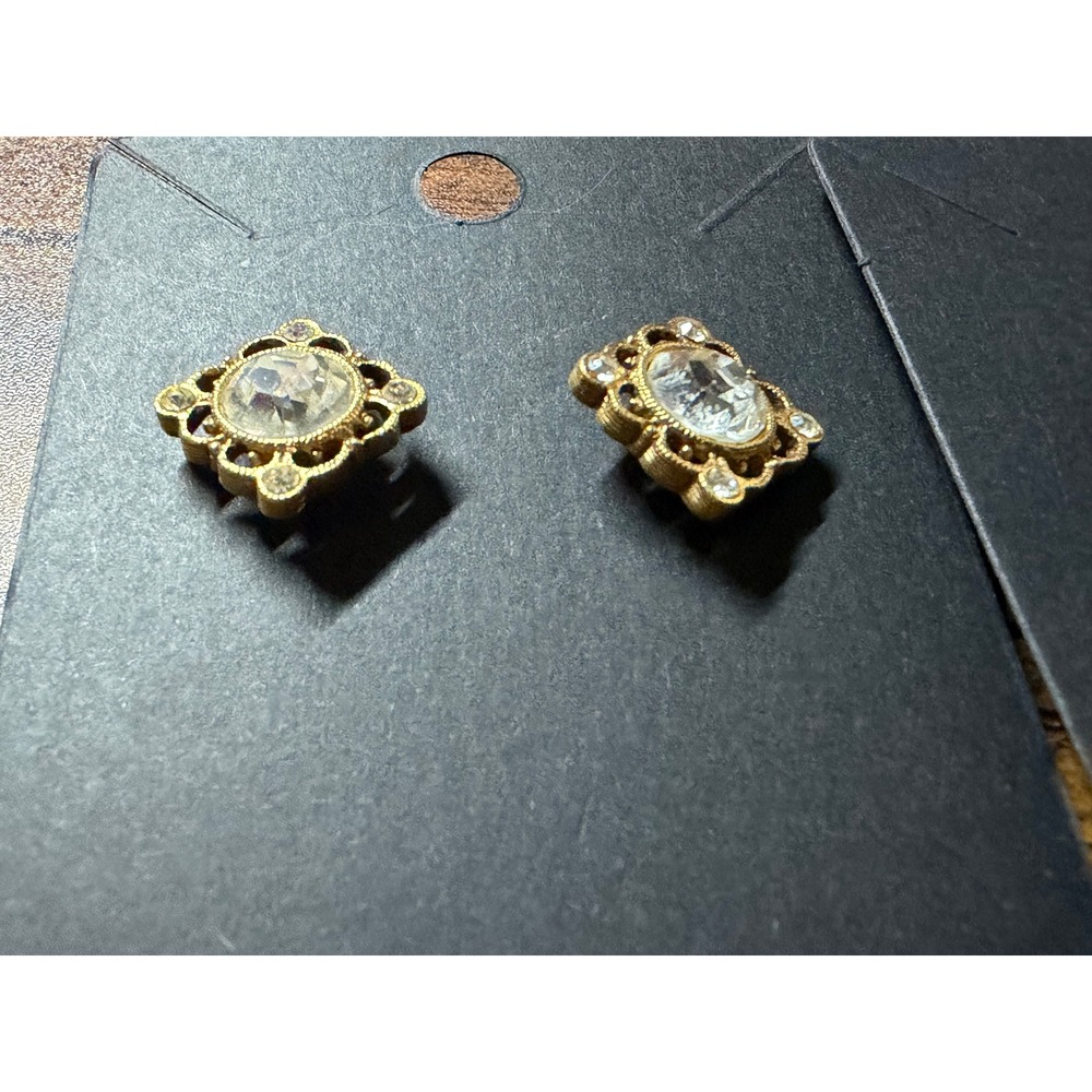 Vintage Style Earring Set Gold Filigree Crystal Studs & Iridescent Huggie Hoops - Picture 2 of 6